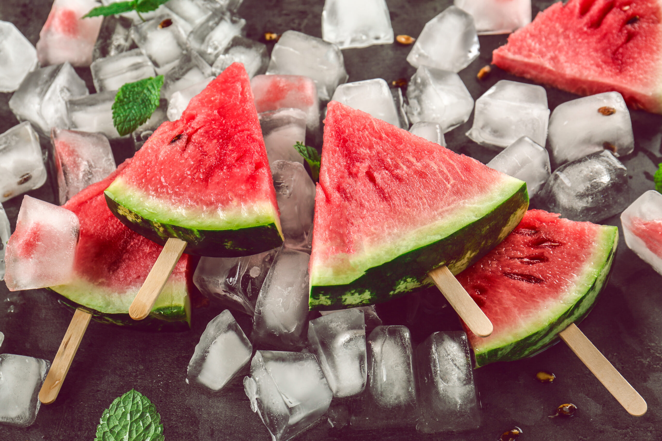 Watermelon slices on sticks with ice cubes on table